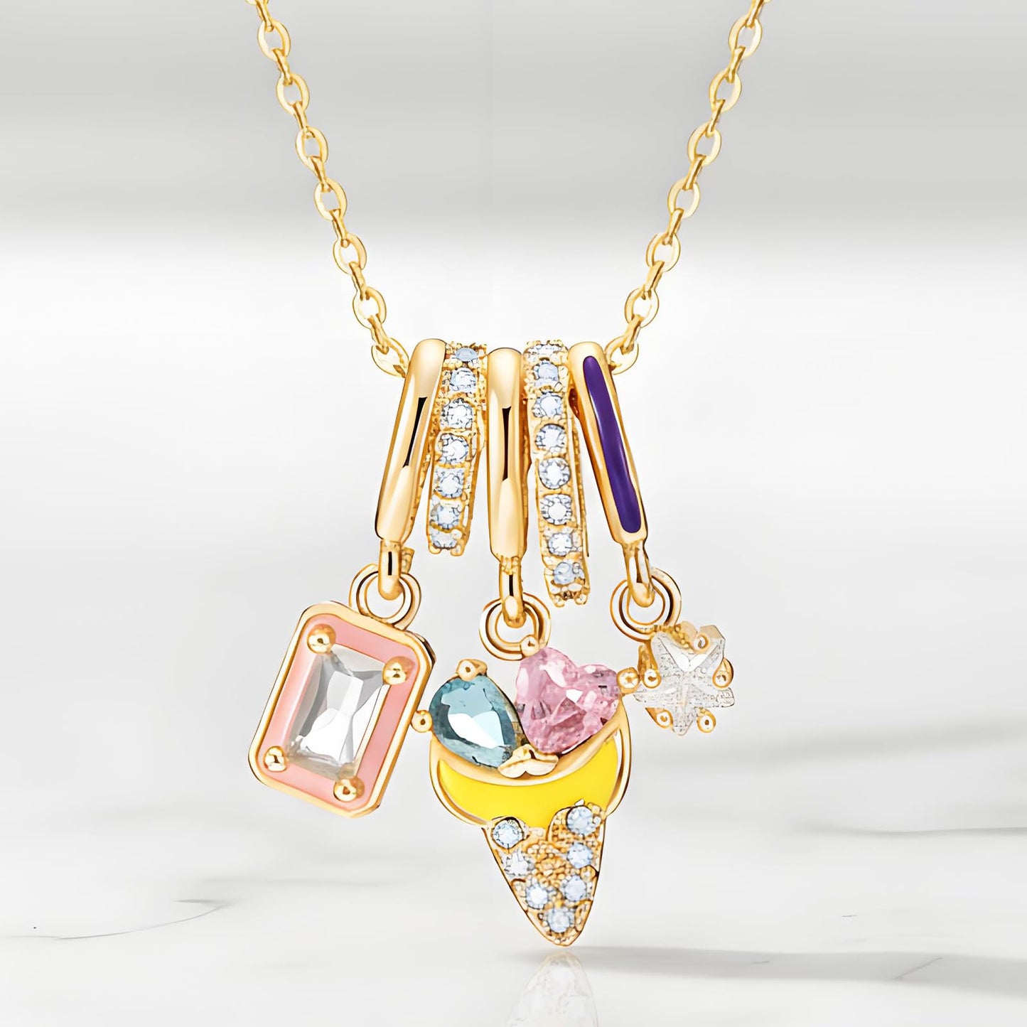 crataly Colorful Enamel Ice Cream Necklace For Women-Gold Plated CZ Star And Square Multi-Pendant Summer Jewelry For Valentines Day Mother's Day Christmas Birthday Gifts