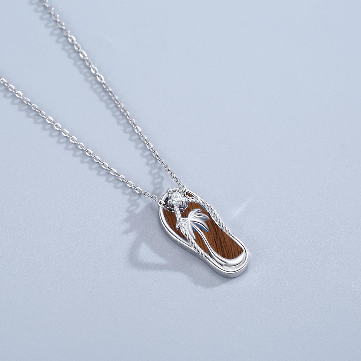Midir&Etain Flip Flop Necklace 925 Sterling Silver Palm Tree Pendant Beach Wooden Necklace Flip-Flop Wood Jewelry for Women