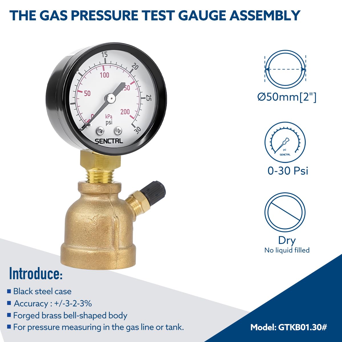 SENCTRL 0-30 Psi Gas Pressure Test Gauge, 2" Dial Size, 3/4" FNPT Connection, Brass Valve, Forged Brass Bell Shape Body Assembly