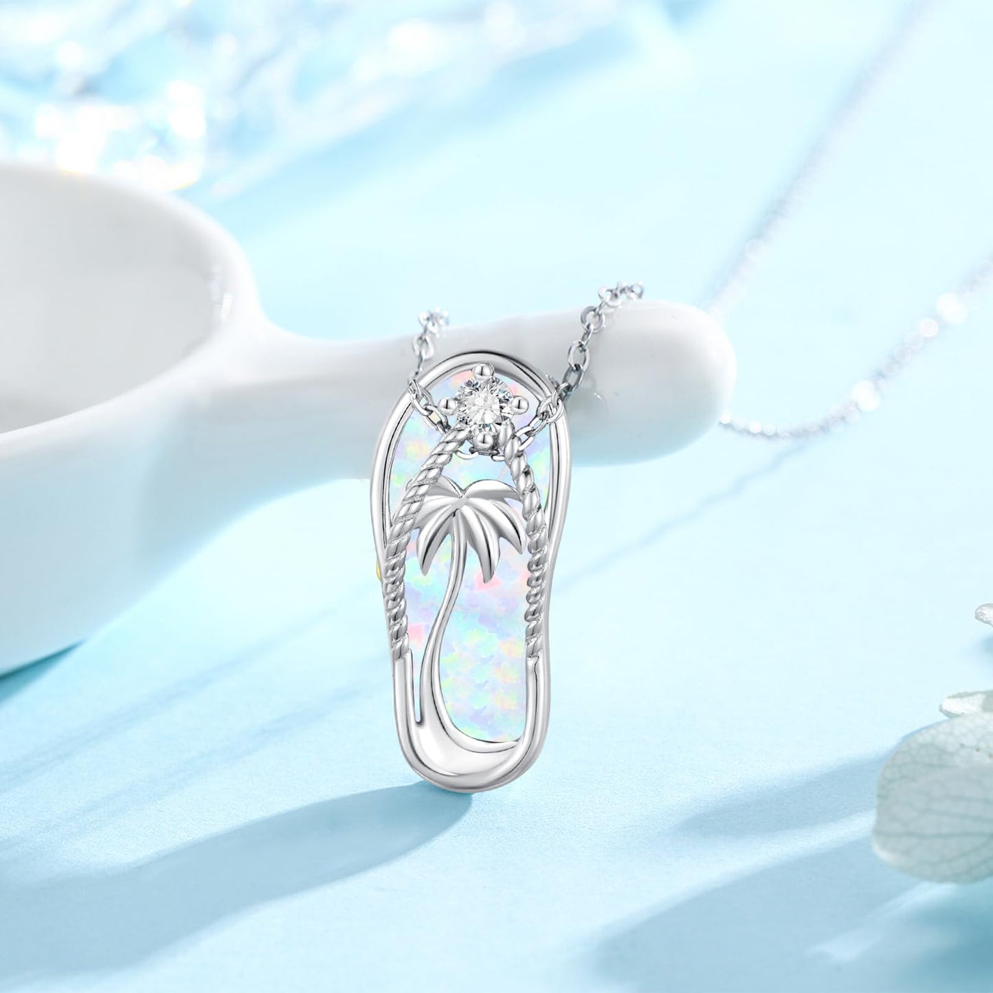Midir&Etain Flip Flop Necklace 925 Sterling Silver Palm Tree Hawaiian Pendant White Opal Suffer Sea Necklace Flip-Flop White Opal Jewelry for Women Prime