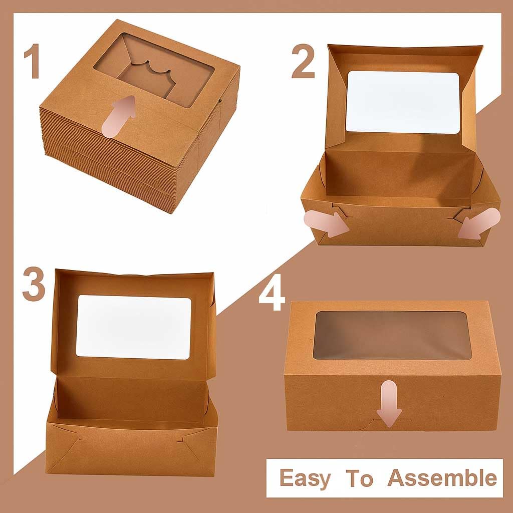 Leafiew 30 Pack Cookie Boxes with Window for Gift Giving – 9x6x3 Inches Bakery Boxes - Small Cookie Containers for Treats, Desserts, Strawberries, Cupcake, Pastry, Charcuterie, Baked Goods (Brown)