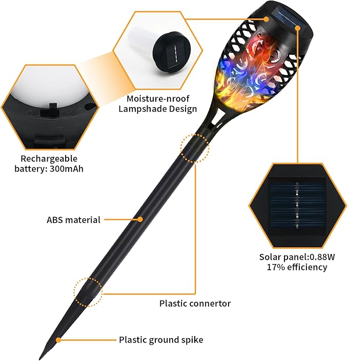 Solar Torch Lights, 6 Pack with Colorful Flickering Flame, Waterproof Tiki Torches for Outside Pathway Decorations