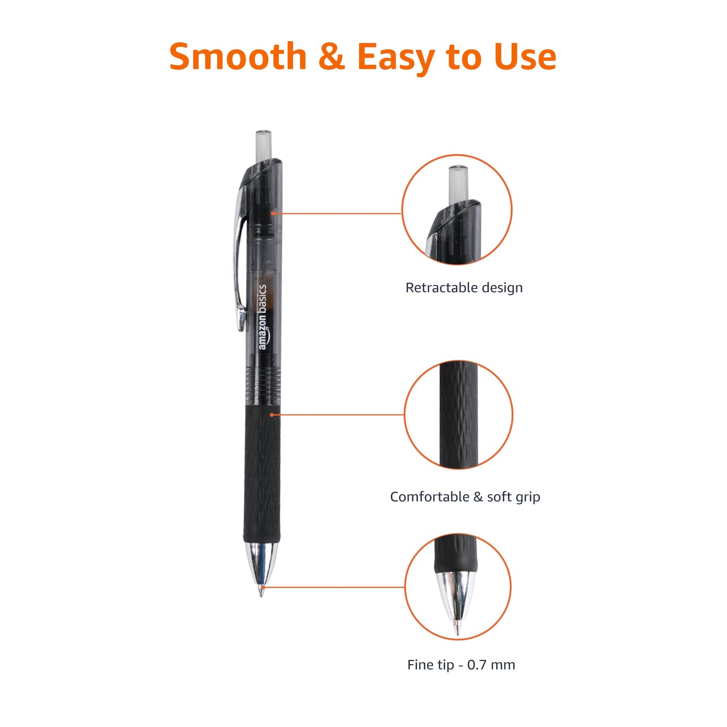 Amazon Basics Retractable Gel Pens, Fine Point 0.7mm, Smooth Writing, Black, No Smudge, School and Office Supplies, 12-Pack