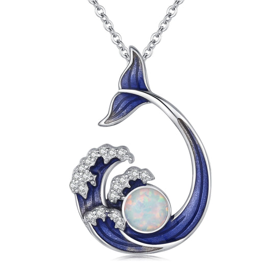 KoyeKei Whale Tail Necklace for Women 925 Sterling Silver Whale Tail Wave Necklace Wave Opal Ocean Themed Pendant Beach Jewelry Graduation Gifts for Wife Sister Lover