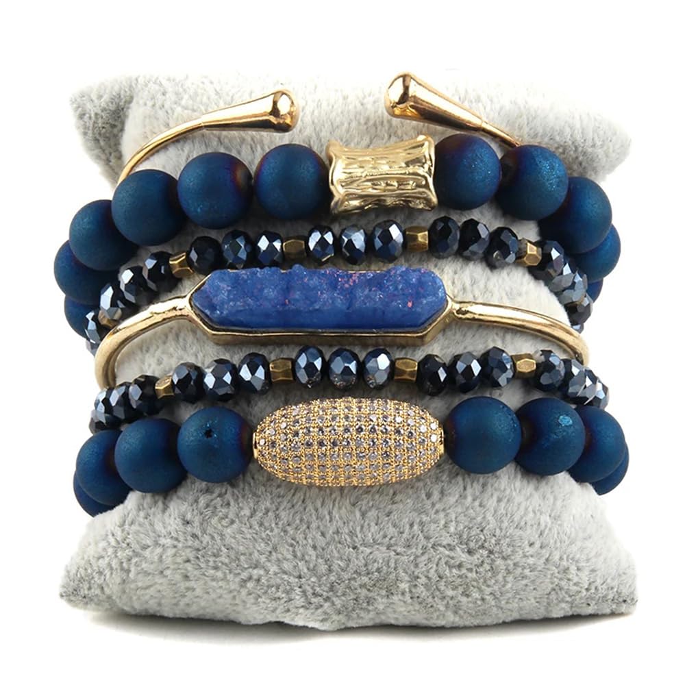 Yomisa Boho Beaded Bracelets/Bangle for Women,Multilayer Wrap 6PCS Healing Natural Jasper Crystal Bead Bracelets Stackable Friendship Stretch Beaded Bracelet Set Trendy Bohemian Jewelry Gift,Blue