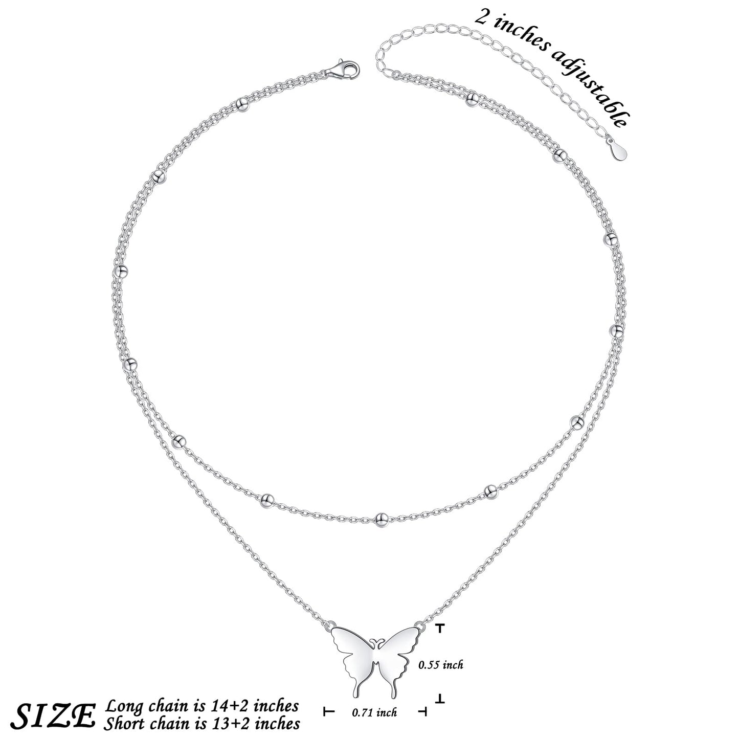 DAOCHONG S925 Sterling Silver Double Layer Butterfly Necklace for Women Beaded Choker Chain Dainty Layered Jewelry Gift for Her Jewelry