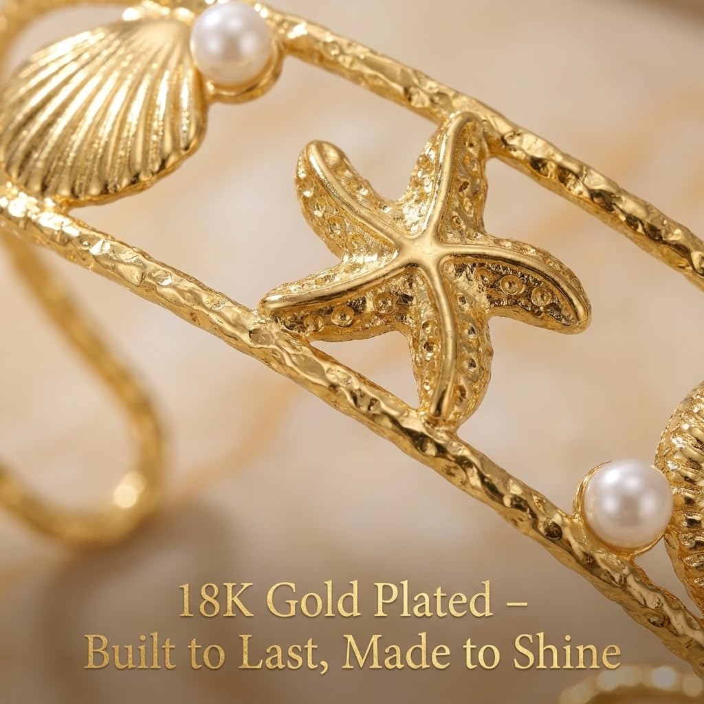 MystiGlimmer Starfish Bracelet with Luxury Gift Box 18K Gold Plated Stainless Steel, Adjustable Open Cuff, Waterproof & Hypoallergenic Jewelry Gift for Women (Seashell-Starfish2)