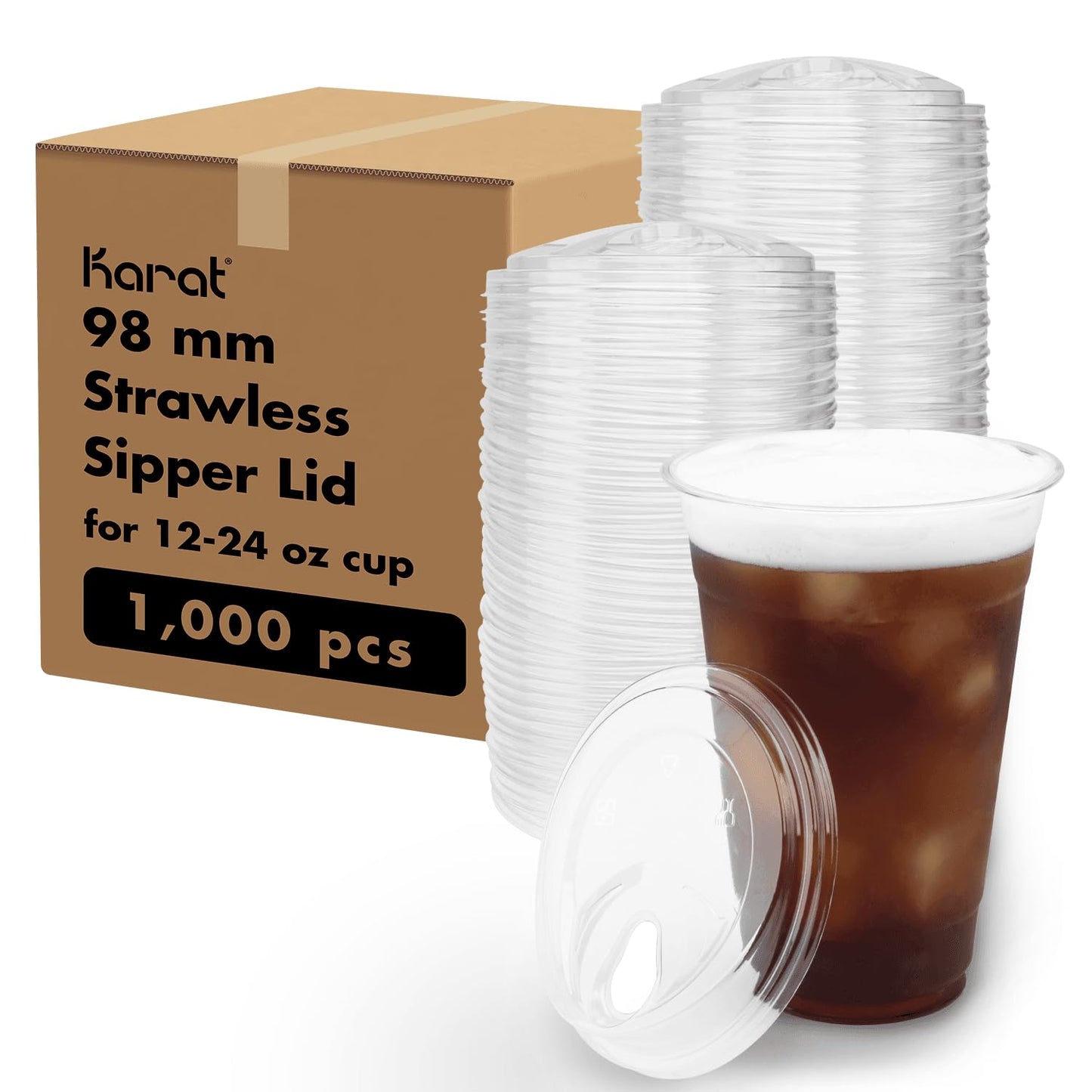 Karat C-KC626TS-SHNE 98mm PET Strawless Sipper Lid for 12-24oz PET Cup, sipper lids, strawless lids 1,000 Count