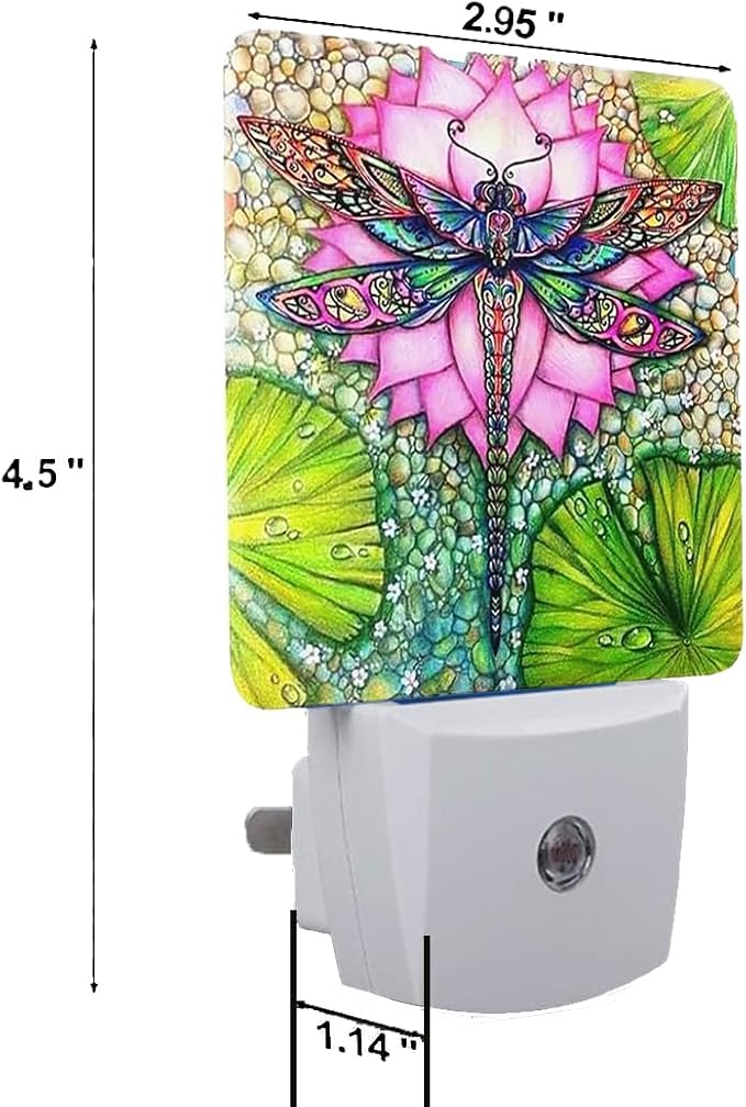 Dragonfly And lotus flower Plug-in LED Night Light,Smart Auto Dusk to Dawn Sensor Nightlights Plug into Wall,White Energy Efficient Night light for Kids Bedroom,Bathroom,Kitchen,Stairs,Hallway
