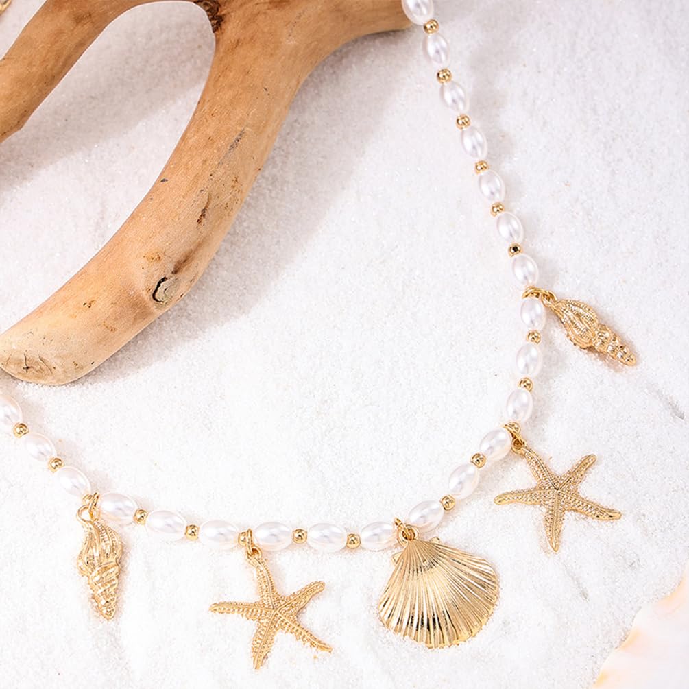 Dainty Gold Starfish Conch Oval Pearl SeaShell Necklace for Women Trendy, Statement Boho Shell Pearls Beaded Chain Necklaces Holiday Beach Party Jewelry (Gold)