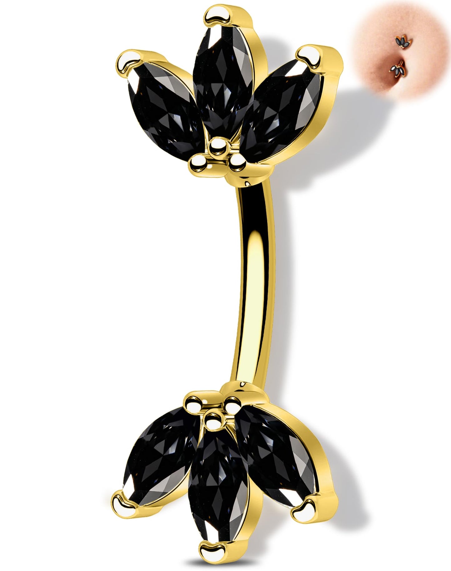 Melighting 14G Gold Lotus Belly Button Ring, Black CZ Navel Ring 316L Surgical Stainless Steel Marquise 5A CZ Belly Bar 8 mm