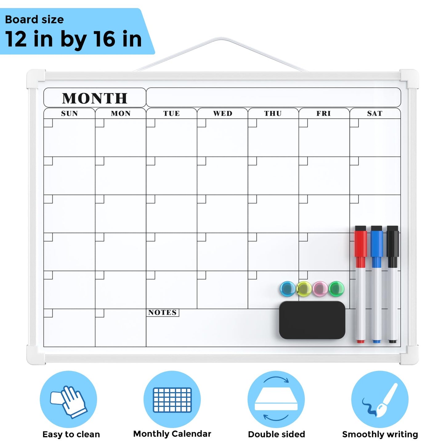 MaxGear Monthly Calendar Dry Erase Board for Wall, 16"x12" Small Hanging Double-Sided White Board, Portable Whiteboard for Planning, Drawing, Memo, to Do List, School, Home, Kitchen, Office