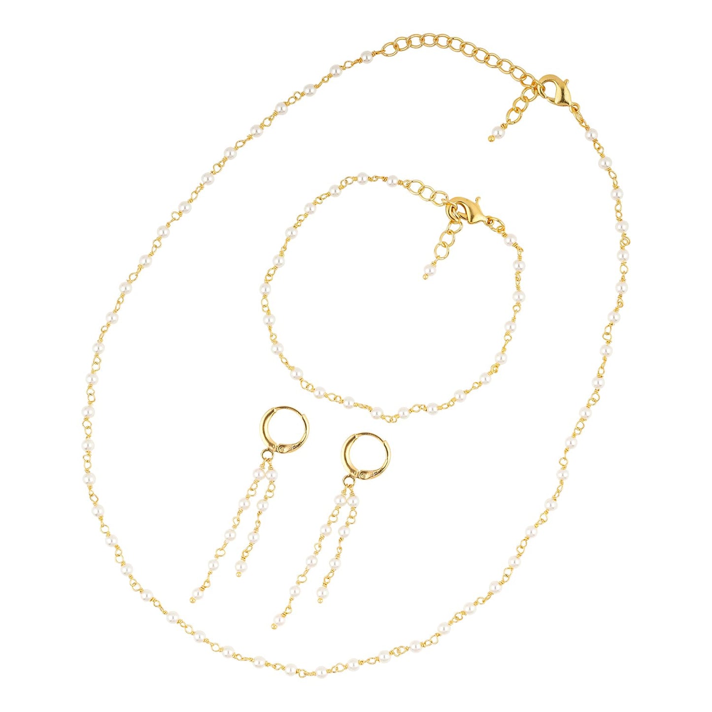 CRYSTALINES White Pearl Beads Rosary Chain Jewelry Set, Natural Gemstone Cluster Combo Set, Gold Plated Rosary Bracelets, Necklace, Earrings Handmade Jewelry for Women