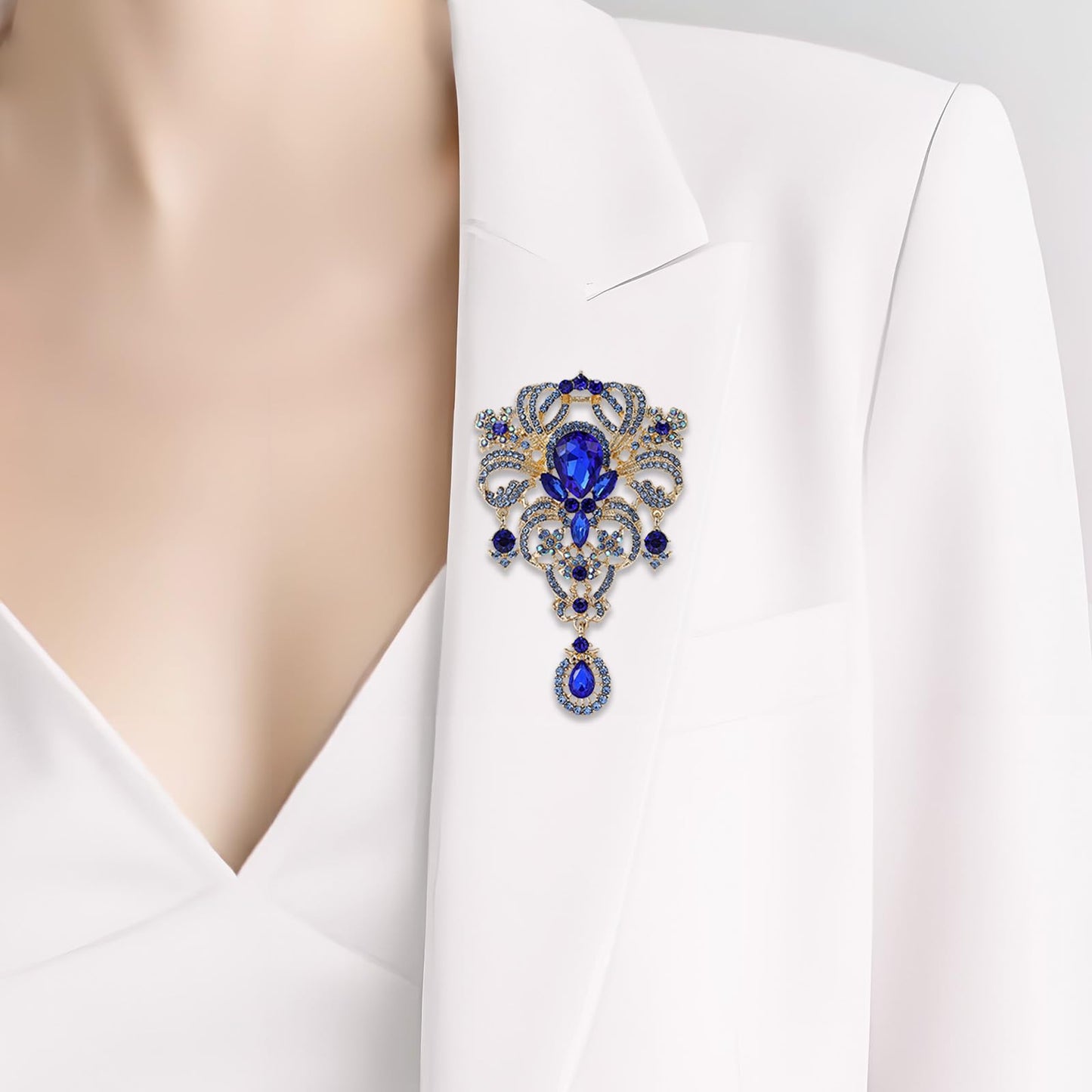 YOQUCOL Retro Blue Austrian Crystal Big Brooch Pin for Women Large Flower Shape Brooches Lapel Pins for Sweater,Coat Dress Accessories
