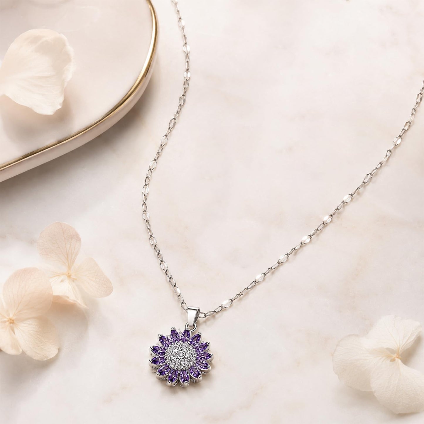 KONPJE Sunflower Fidget Necklace for Women Gold Moon Necklace Rotating Heart Necklaces Spinning Crystal Flower Anxiety Necklaces Crescent Moons Jewelry Accessories (Silver Purple)