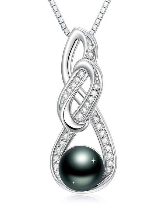 KANNSOAR 8MM Tahitian Black Pearl Necklace for Women 18K Gold Plating Sterling Silver Knot Pendant Pearl Jewelry Birthday Anniversary Valentines Day Christmas Mothers Day Gift for Wife Mom Girlfriend