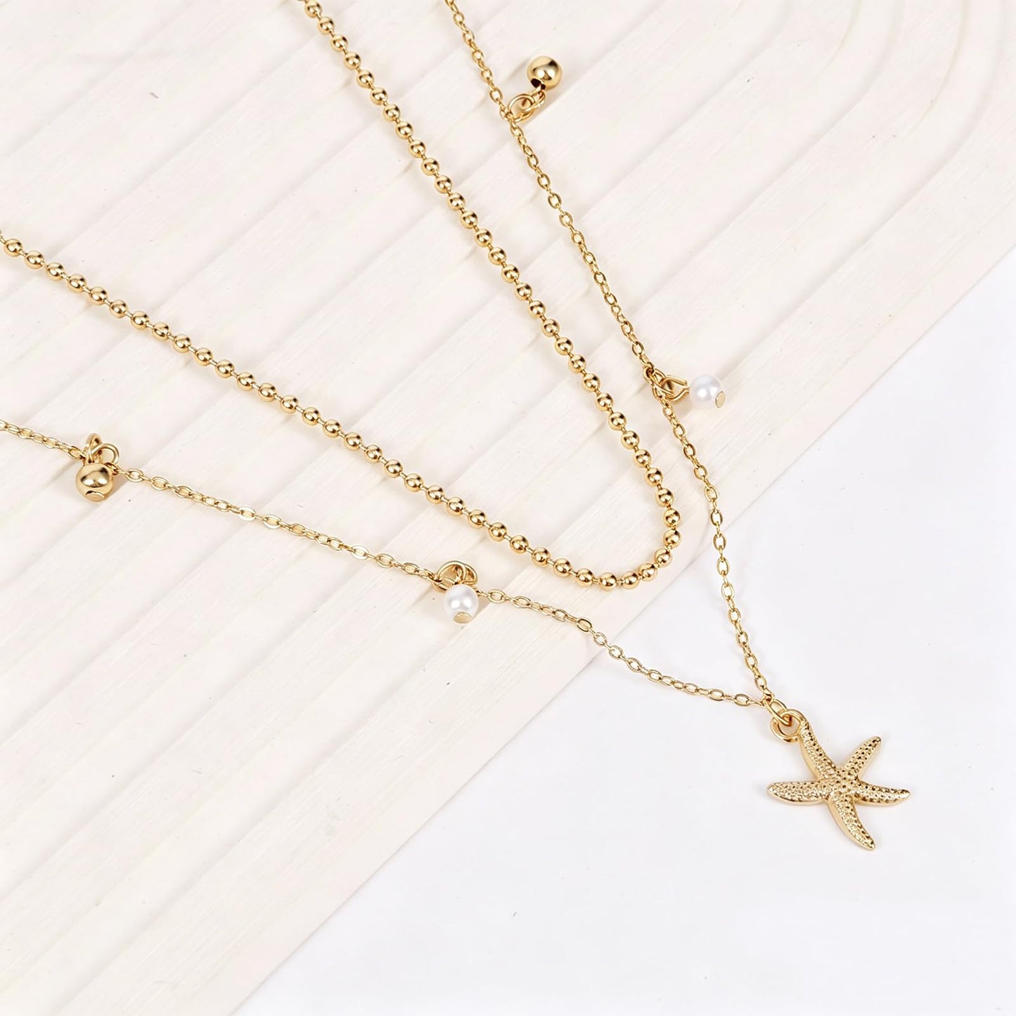 Starfish Shell Necklace for Women,14k Gold Plated Silver Layered SeaShell Pearl Pendant Charm Necklaces Dainty Non Tarnish Adjustable Waterproof Beaded Necklace Stack Jewelry for Summer Beach Vacation (Gold Starfish Necklace)