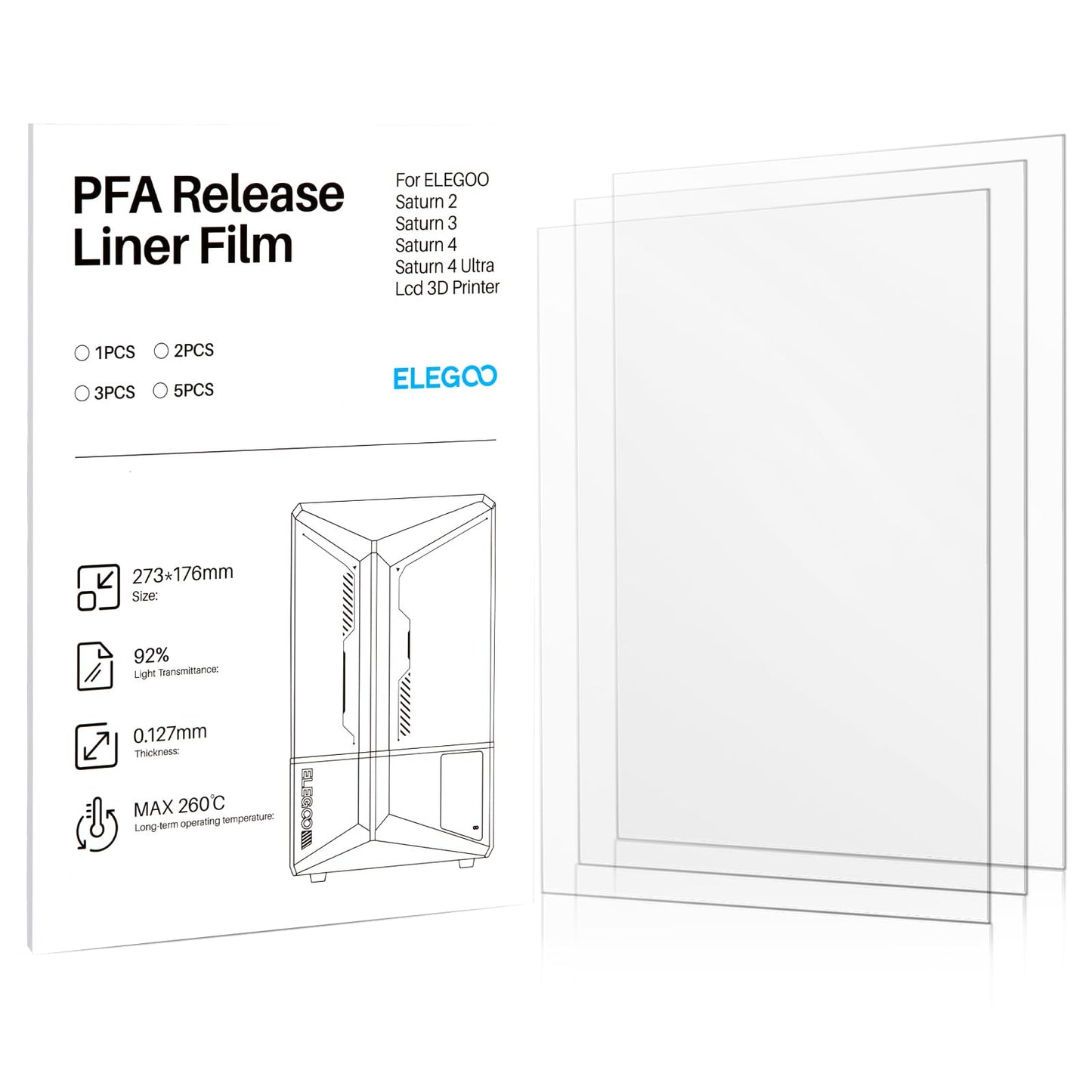 ELEGOO 3PCS PFA Release Liner Film for Saturn 2/8K/3/4/4 Ultra/4 Ultra 16K Resin 3D Printer 273x176mm, 0.127mm Thickness and 92% Light Transmittance