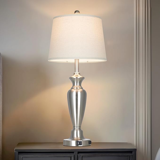 30" Tall Silver Table Lamp for Living Room, 3-Way Dimmable Touch Control Bedside Lamp for Bedroom Nightstand with USB A+C Ports & AC Outlet (1 Pack)