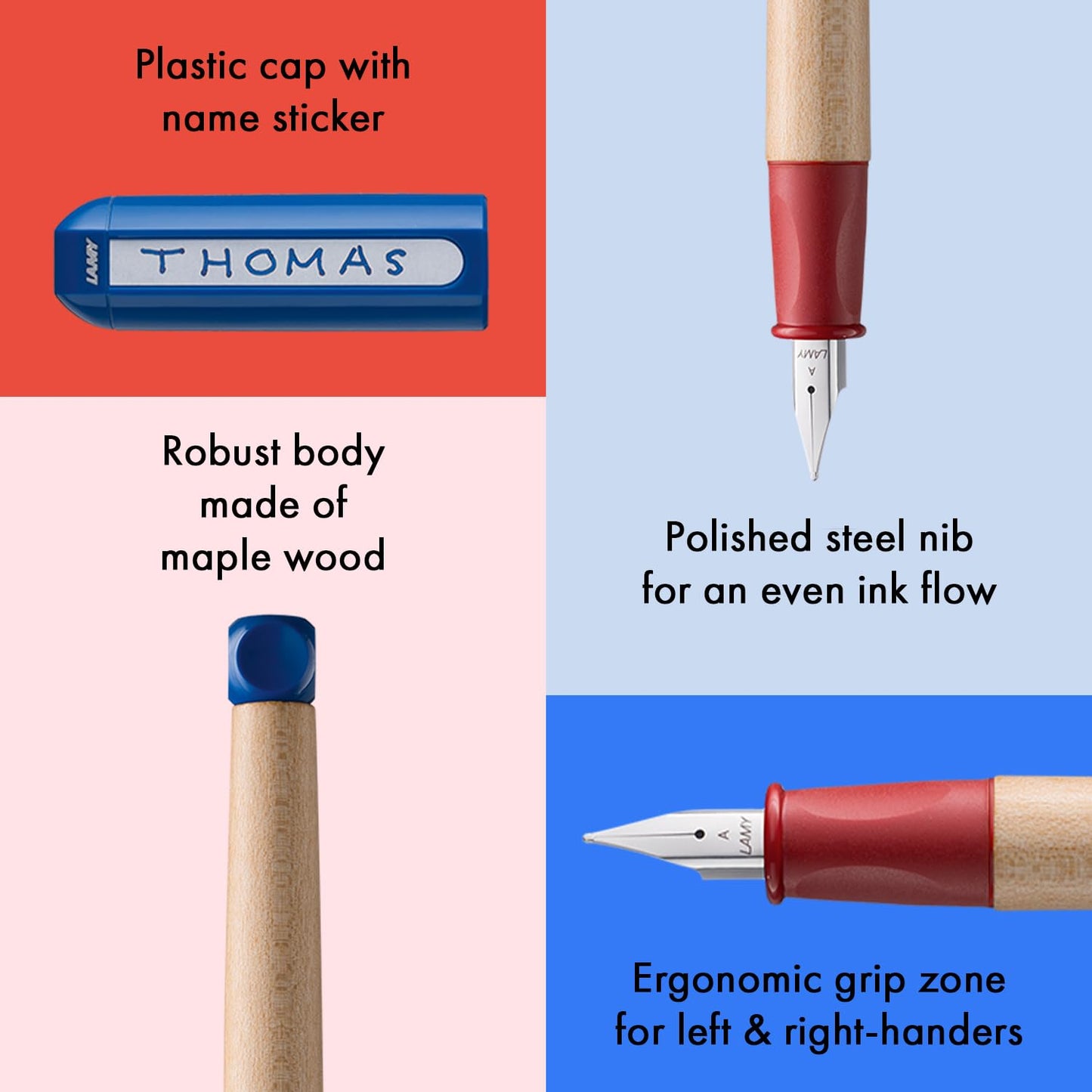 LAMY abc blue - child-friendly Fountain Pen for writing beginners with ergonomic grip & polished steel nib in size A - robust maple wood - including LAMY T 10 blue ink cartridge - Right-Handed