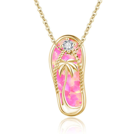 Midir&Etain Pink Opal Flip Flop Necklace 925 Sterling Silver 14K Gold Plated Palm Tree Pendant Beach Necklace Flip Flop Opal Jewelry for Women