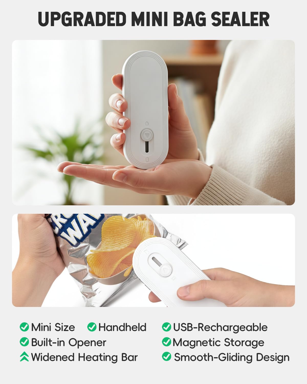Mini Bag Sealer with Cutter and Magnet, 1800mAh Rechargeable Bag Resealer Handheld, Portable Heat Sealer for Plastic Snack & Chip Bags, Upgraded, Gift for Women, Food Saver, Kitchen Storage (White)
