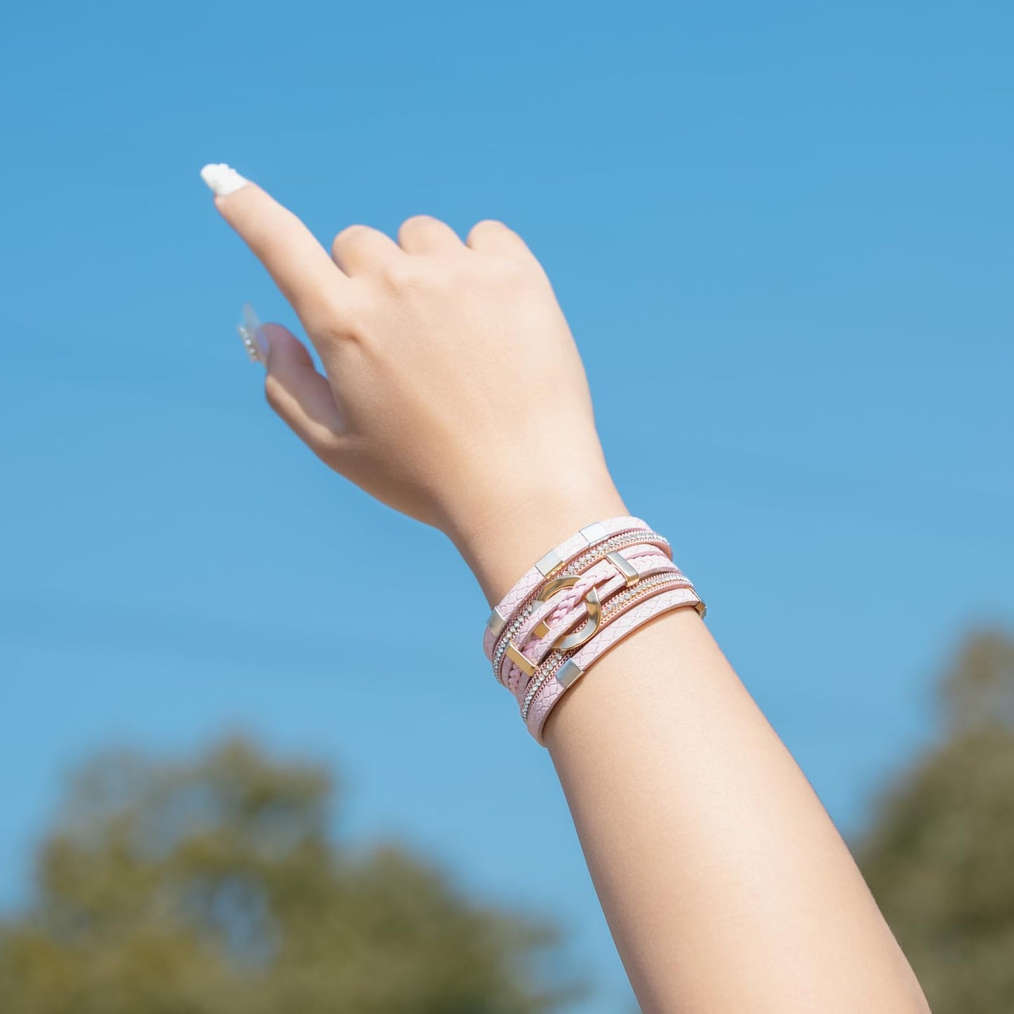 FANCY SHINY Boho Leather Wrap Bracelets Circle Square Bead Braided Handmade Stackable Bracelet Trendy Cuff Bangle for Women(Pink)