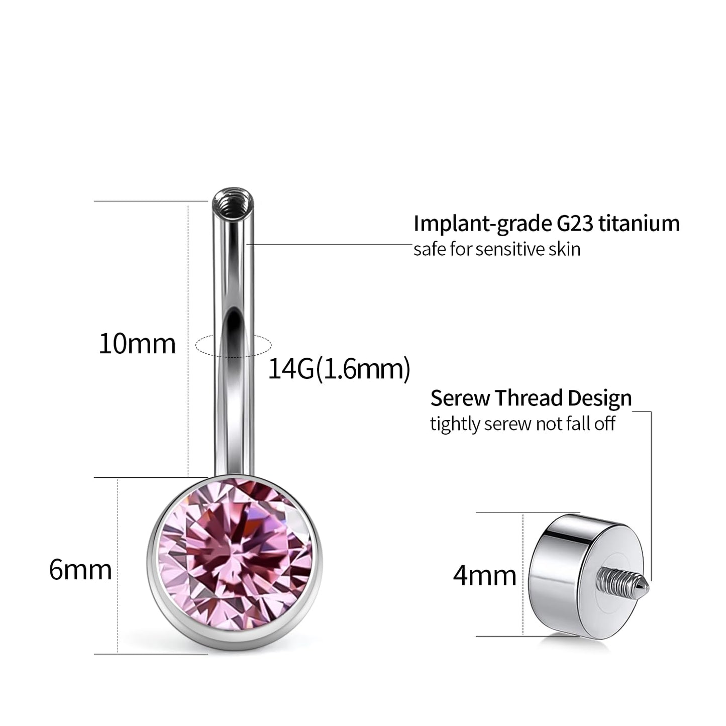 XUU Titanium Belly Button Rings, Black & Silver – 14G Internally Threaded Navel Piercing Jewelry, 10mm & 12mm Curved Barbells with 7 Colors Gems – Hypoallergenic (Silver-Pink cz, 10MM)