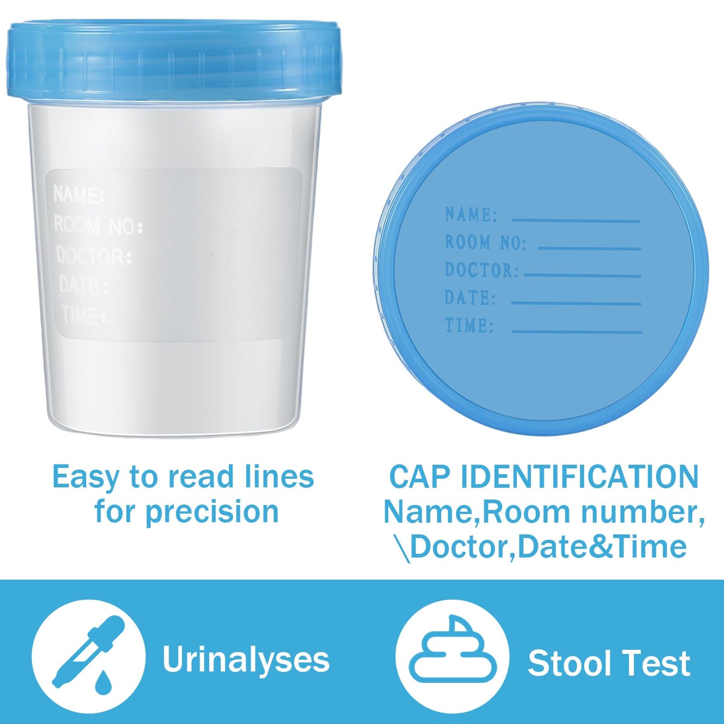 Geiserailie 200 Pcs Disposable Specimen Cup Urine Pee Cups for Testing 4oz Specimen Container with Leak Proof Screw on Lids for Safe Urinalysis Pee Stool Sample Collection Analysis (Blue)