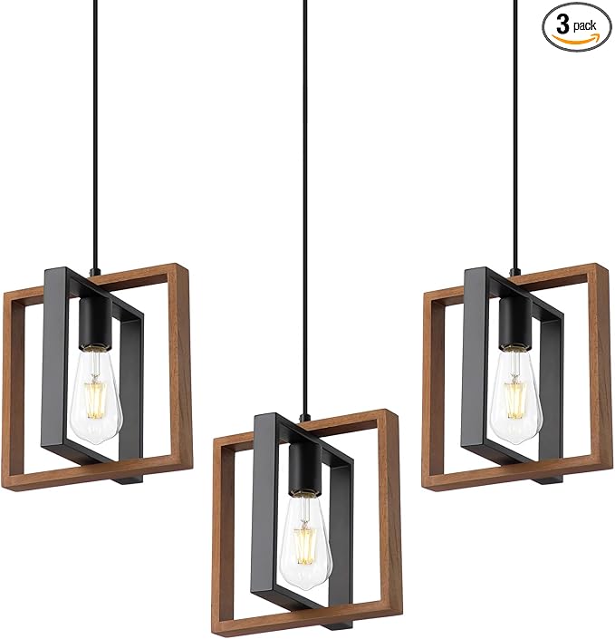 9MMML Wood Pendant Light Kitchen Island Set of 3, Farmhouse Hanging Lamp with 62'' Height Adjustable Cord, Small Ceiling Pendant Light Fixture for Dining Room, Entryway, Foyer
