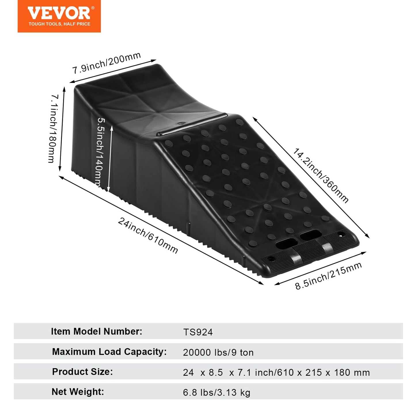 VEVOR 1Piece Vehicle Ramp 20000 lbs/9 Ton Capacity Car Service Ramp, Effortlessly Lift 5.5" High, Durable Nonslip & Portable, for Routine Tire Replacement Repairs, Work with Tandem Wheel Vehicles