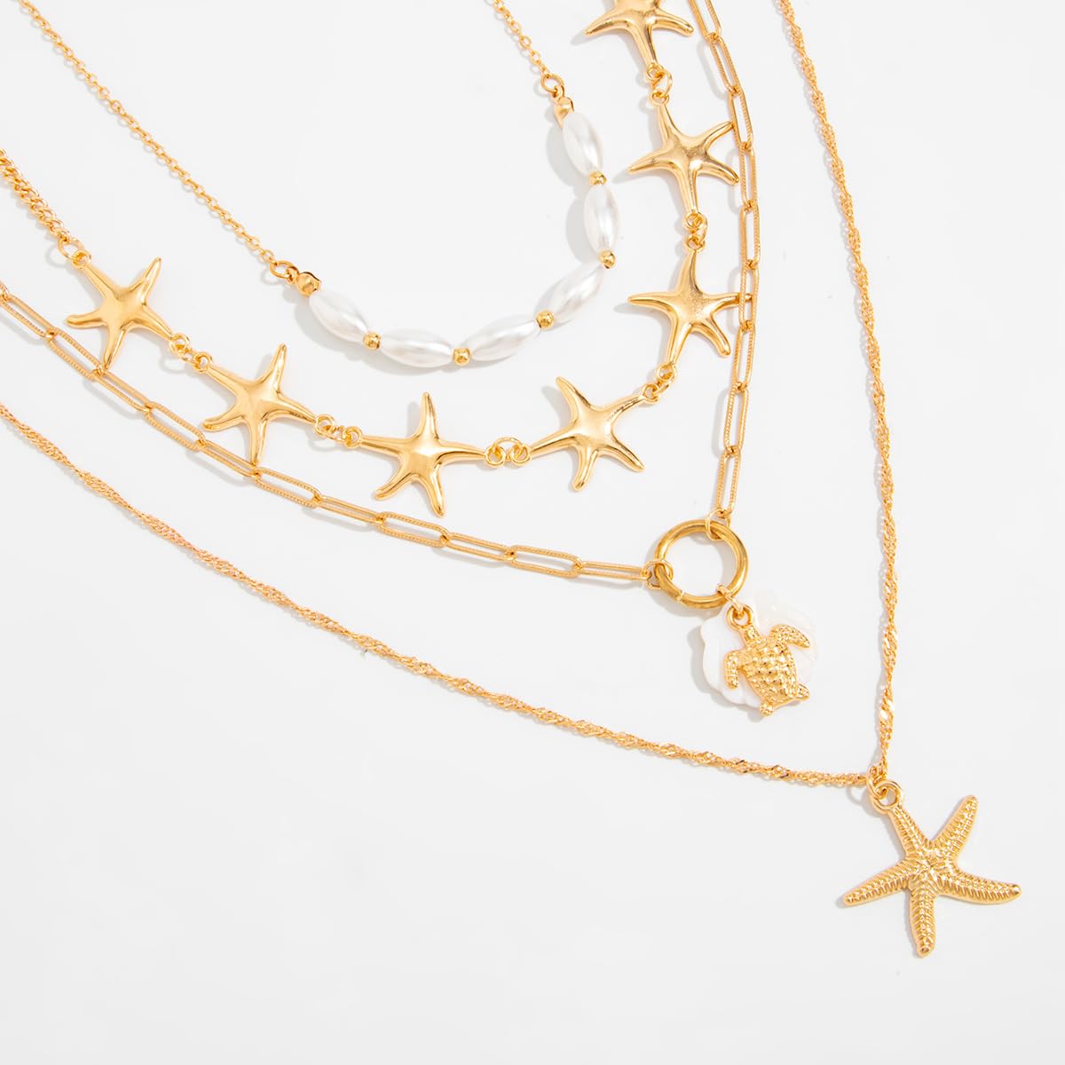 4PCS Layered Sea Turtle Starfish Pendant Necklace For Women Faux Pearl Coastal Beach Vacation Summer Choker Collar Gold Tone Ocean Jewelry Gift (Gold)