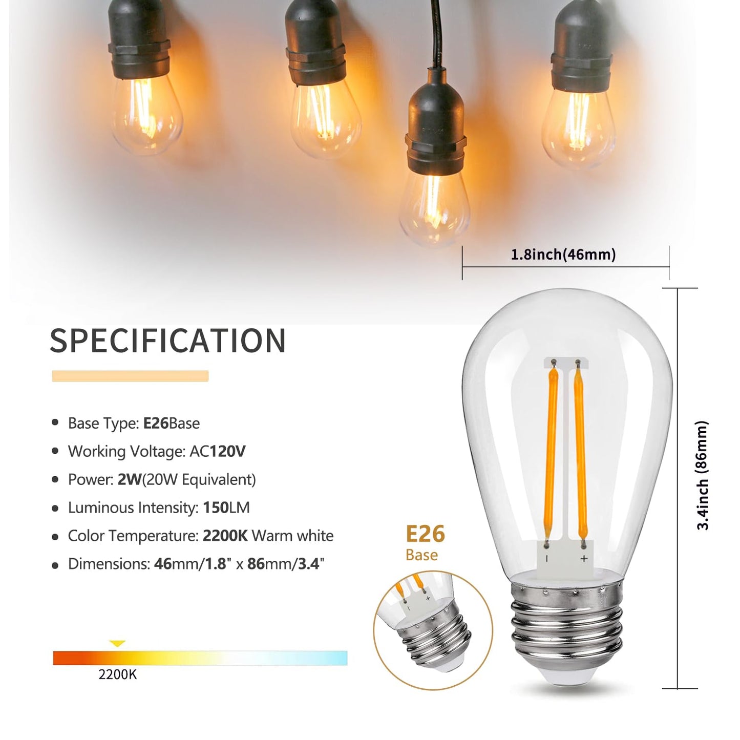 S14 Replacement LED Light Bulbs, Shatterproof & Waterproof 2W S14 LED Bulbs, Outdoor String Lights , E26 Base Patio Edison LED Light Bulbs, Warm White 2200K Plastic 150LM Non-Dimmable 25 Pack