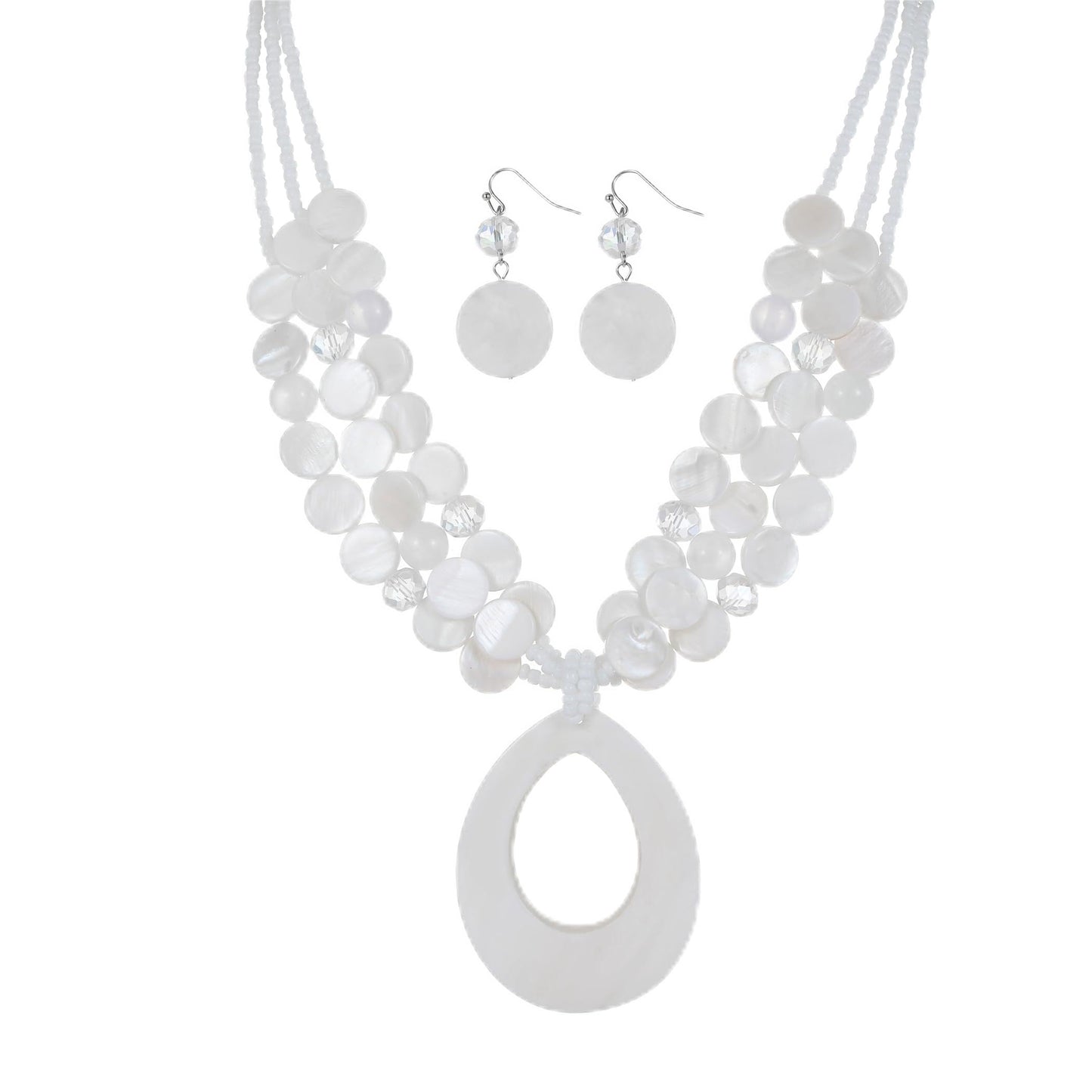 Aenu Multi-Strand Beaded Necklace with Teardrop Pendant Colorful Beads Statement Jewelry Set for Women (White)