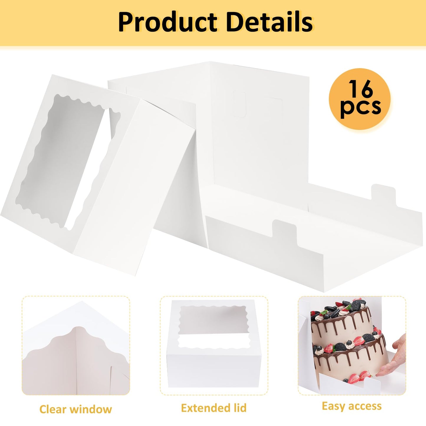 Moretoes 16 Pack Cake Boxes, 12x12x12 Inch Tall Cake Containers with Window for Tier Cakes, Disposable Sturdy Bakery Carrier with Lids, for Valentine's Day, Mother's Day, Wedding, Birthday