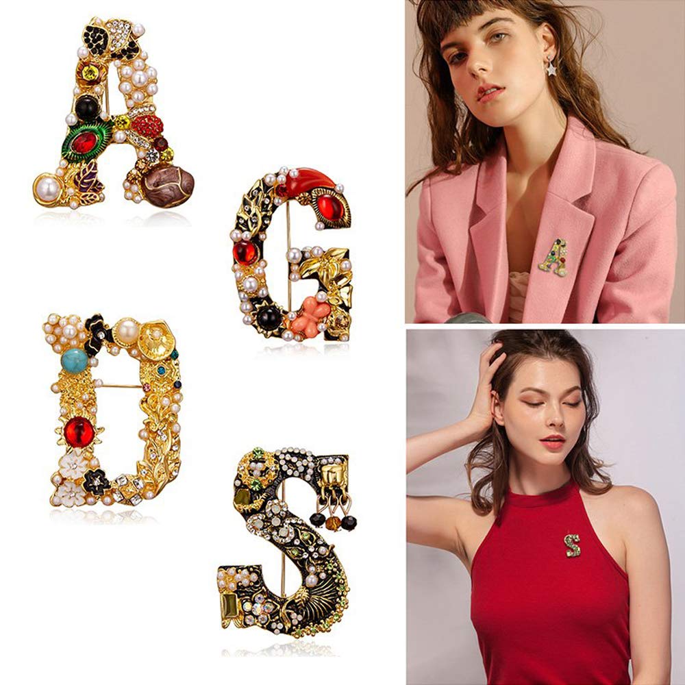 RINHOO Crystal Pearl Initial Brooch Gold Plated Enamel Colorful Letter Alphabet Breastpin Pin Jewelry for GIFTS (Letter -D)