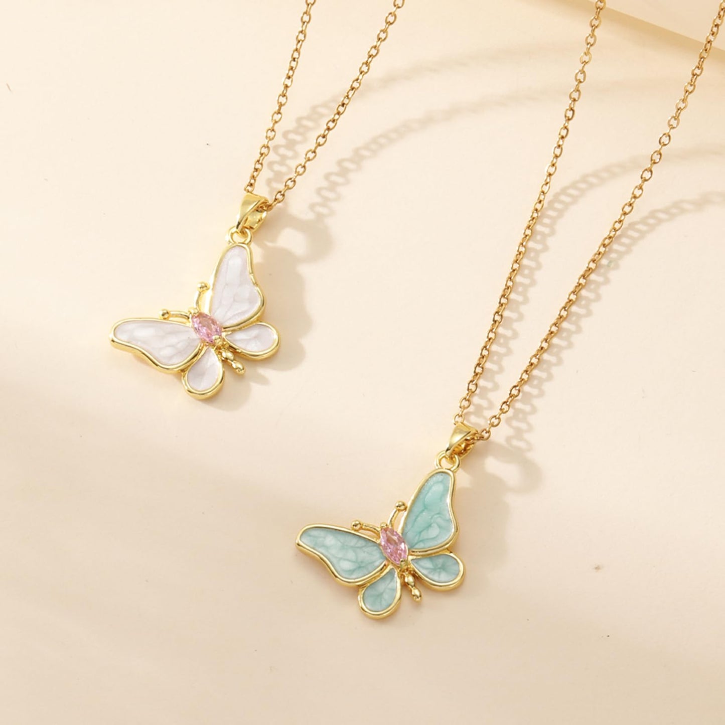 AUMRET Mint Green Enamel Lepidolite Butterfly Necklace For Women-Gold Plated Rose Quartz October Birthstone Necklace For Valentine's Day Mother's Day Christams Birthday Gifts