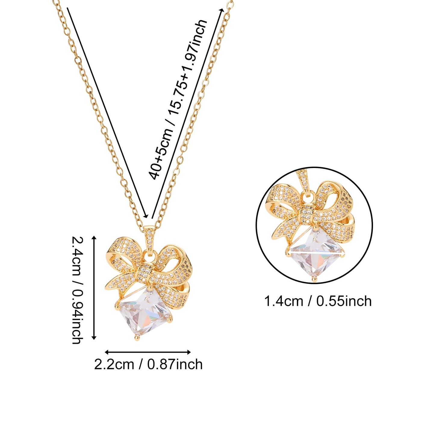 Square April Birthstone Diamond Bow Necklace for Women-Gold Plated Healing Crystal Imitation Diamond Pendant Waterproof Non Tarnish Jewelry For Birthday Valentines Day Mother's Day Christmas Thanksgiving Gifts