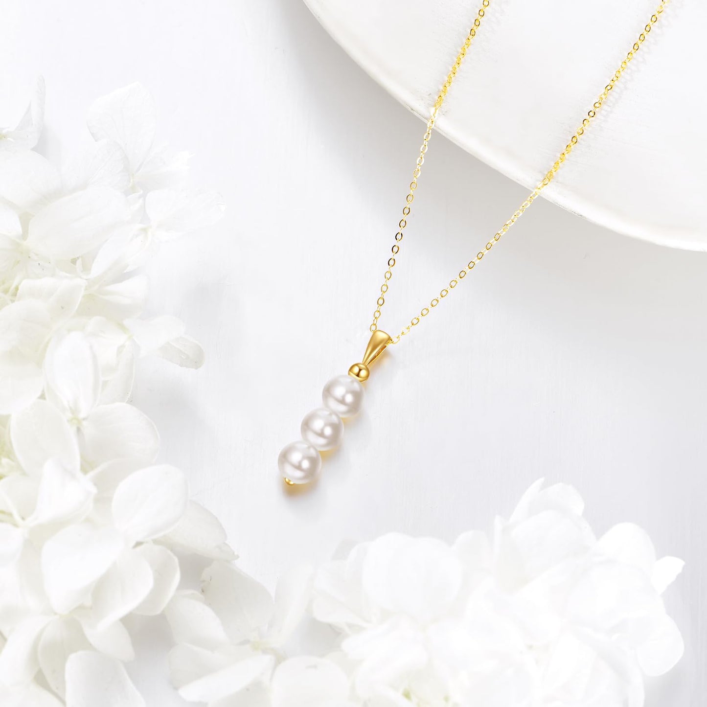 14K Yellow Gold Pearl Necklace for Women,Natural Freshwater Cultured 3 Pearl Necklace Gold Jewelry Gift (05-3 Pearl (6MM) Necklace)