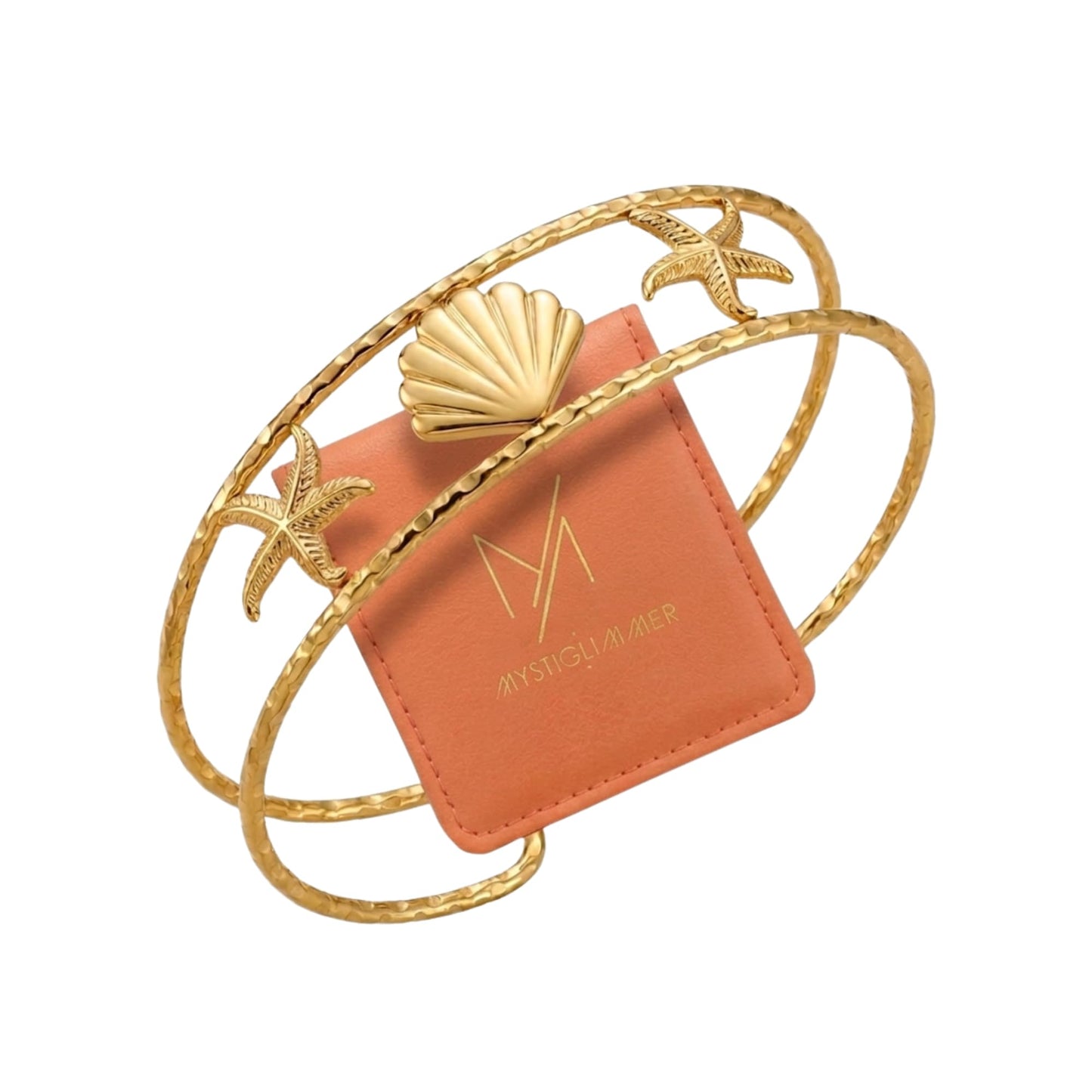 MystiGlimmer Starfish Open Cuff Bracelet for Women 18K Gold Plated Stainless Steel, Adjustable Ocean-Inspired Arm Cuff, Waterproof, Hypoallergenic Beach Jewelry Gift (Starfish-Seashell 3)