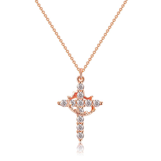 Robaice Rose Gold Cross Necklace for Women, Rose Gold Plated Crown Cross Pendant Necklace Cross Necklaces Faith Jewelry First Communion Necklace, Rose Gold