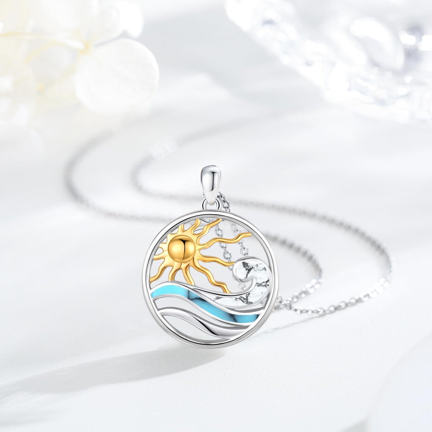 Midir&Etain Ocean Wave Necklace 925 Sterling Silver Sun Pendant Necklace Turquoise Sea Summer Pendant Beachy Wave Jewelry for Women Men