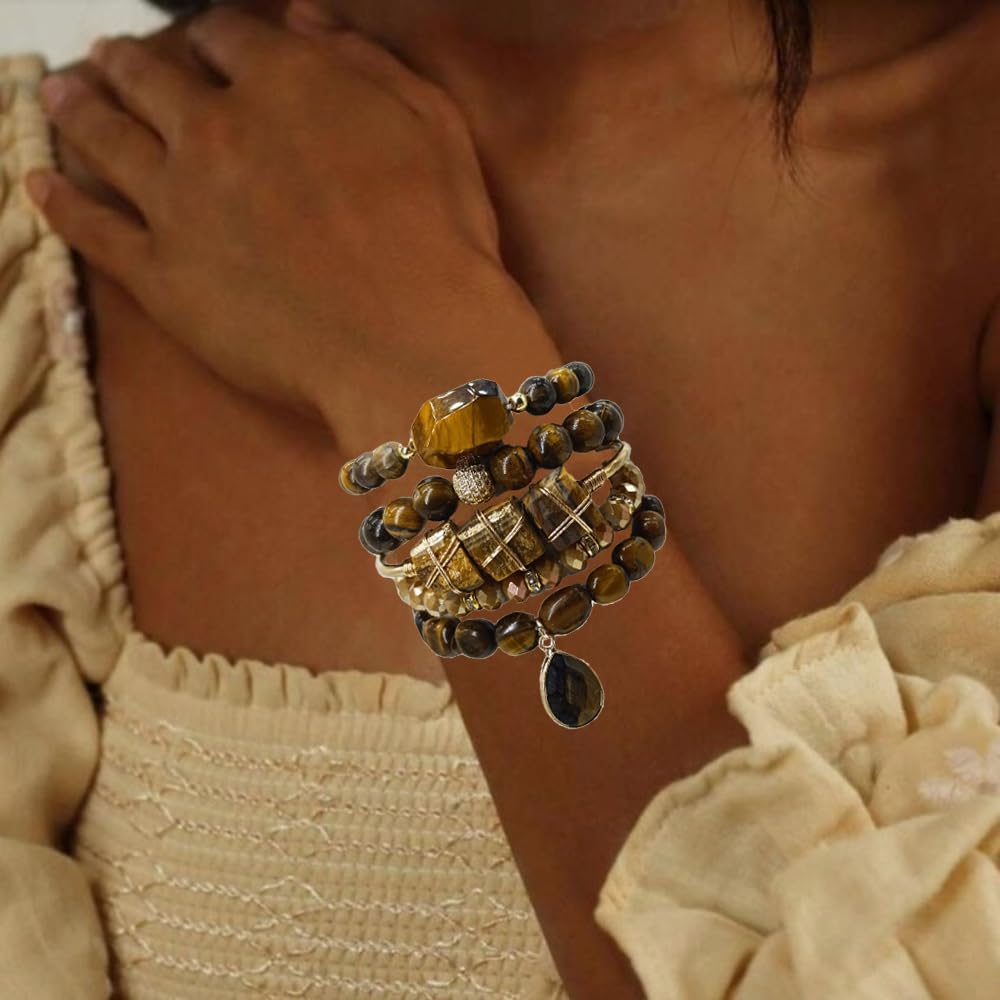 Yomisa Boho Beaded Bracelets/Bangle for Women,Multilayer Wrap 5PCS Healing Natural Tiger Eye Stone Bead Bracelets Handmade Stackable Friendship Stretch Beaded Bracelet Set Trendy Bohemian Jewelry Gift