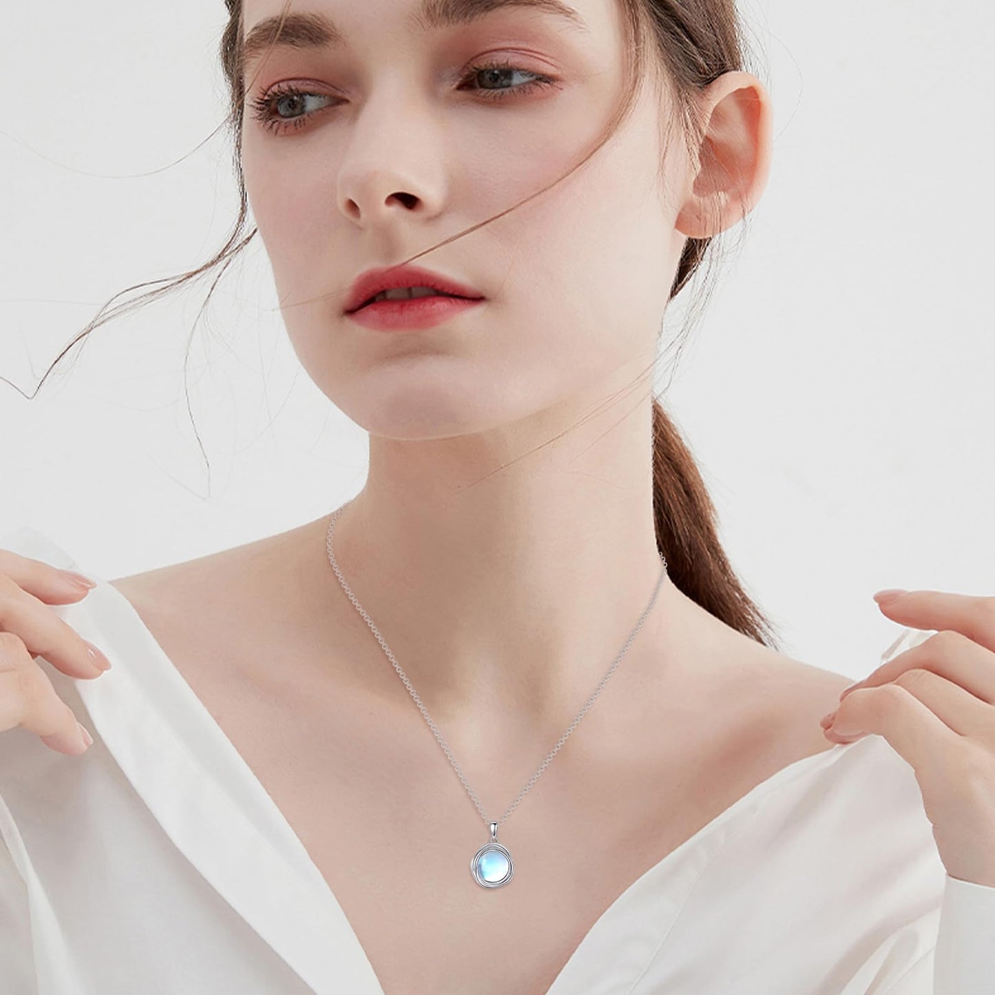 POPLYKE Moonstone Necklace - Sterling Silver Moonstone Pendant, 8mm - Women's Jewelry Gifts for Mom or Wife