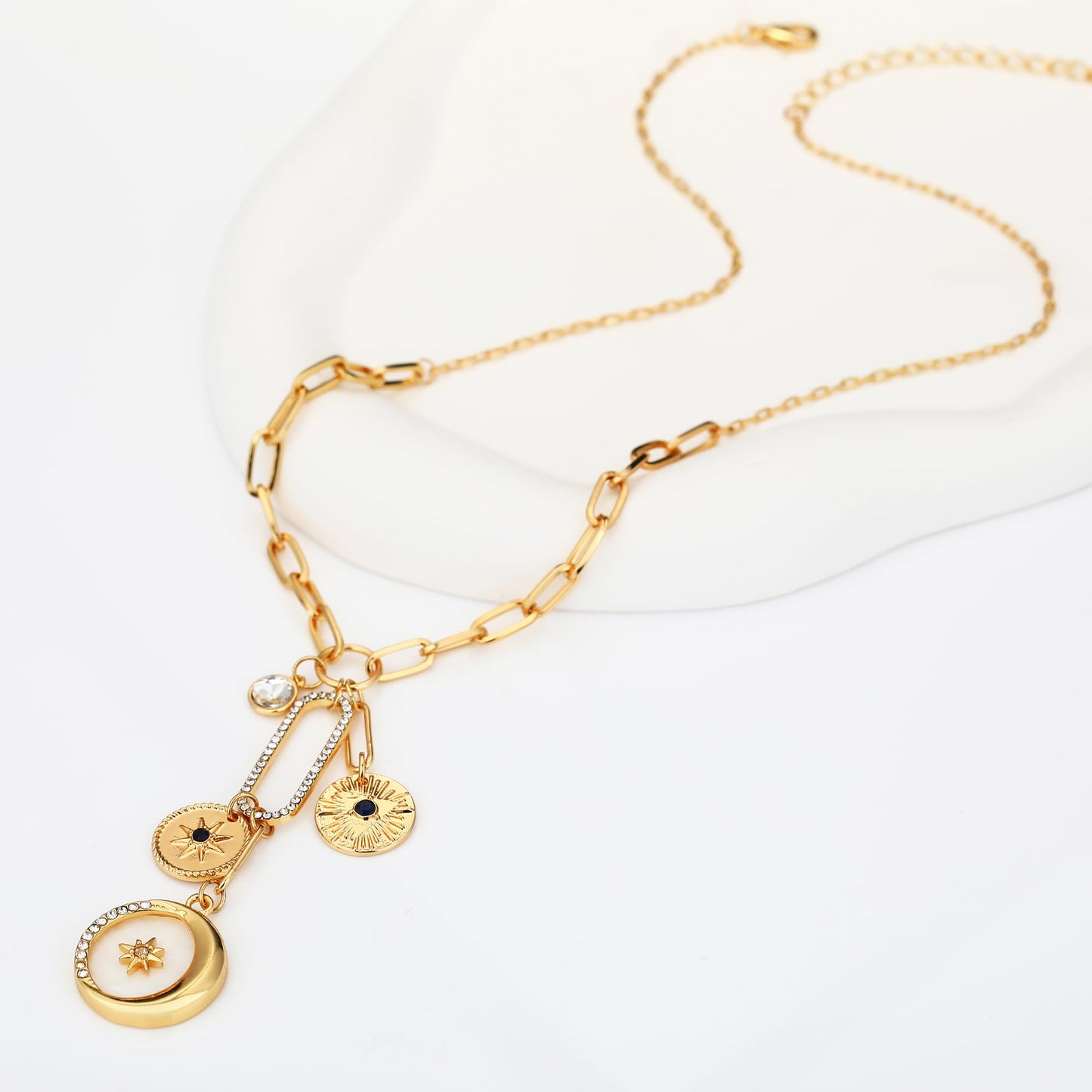 BONJOULRY Charm Necklace for Women Gold Sun Moon Pearl Shell Coin Evil Eye Charms Pendent Necklace Chunky Paperclip Necklaces Celestial Jewelry Shell