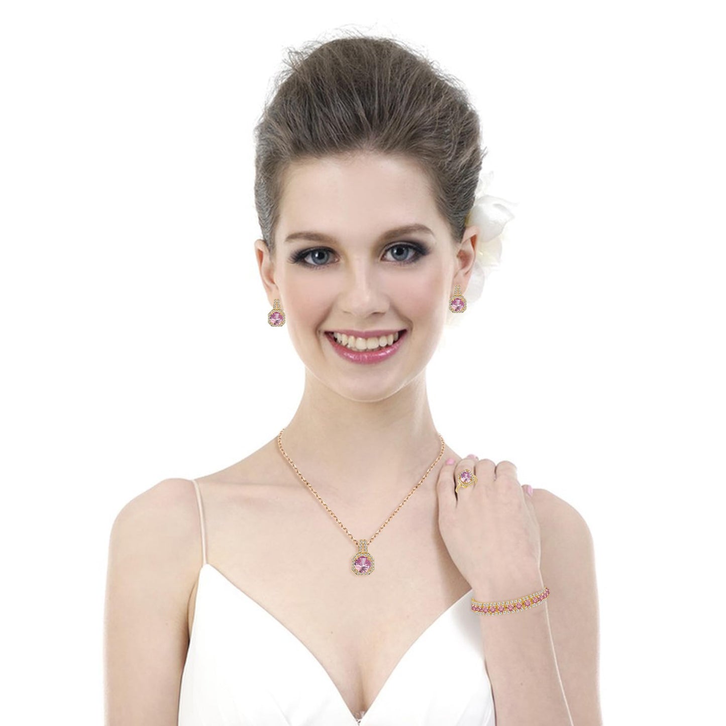 4pcs Wedding Jewelry Sets for Bride & Bridesmaid - Gold Plated Pink Cubic Zirconia Pendant, Earrings, Link Tennis Bracelet & Open Ring