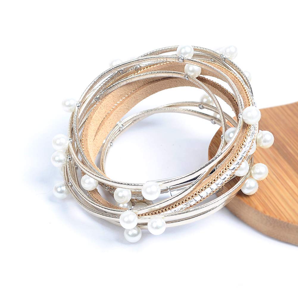 Artilady Leather Wrap Bracelet for Women - Handmade Clasp Bangle Bracelet with Pearl Beads Crystal Wristbands Christmas Jewelry Gift for Ladies and Mother