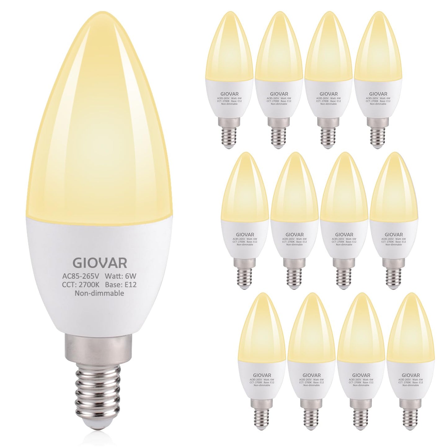 GIOVAR 12-Pack Candelabra LED Light Bulbs, 60 Watt Equivalent, Warm White 2700K, Light Bulbs for Chandelier/Wall Sconces Small Base, 120V, Type B, Non-Dimmable