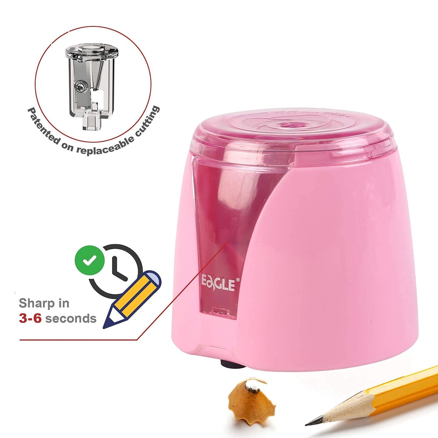 Eagle Electric Pencil Sharpener, Battery Powered, Large Shaving Holders, Carbon Steel Blades, Portable, Reusable and Replaceable Blade, Suitable for Kids, Home, School and Office use (Pink)