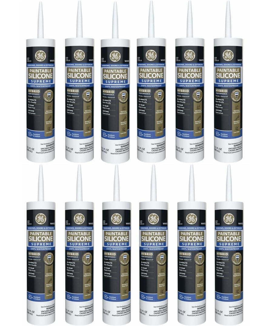 GE Supreme Paintable Silicone Caulk for Window & Door, White, 9.5 fl oz Cartridge, 12 Pack - 100% Waterproof Silicone Sealant, 7X Stronger Adhesion, Freeze & Sun Proof